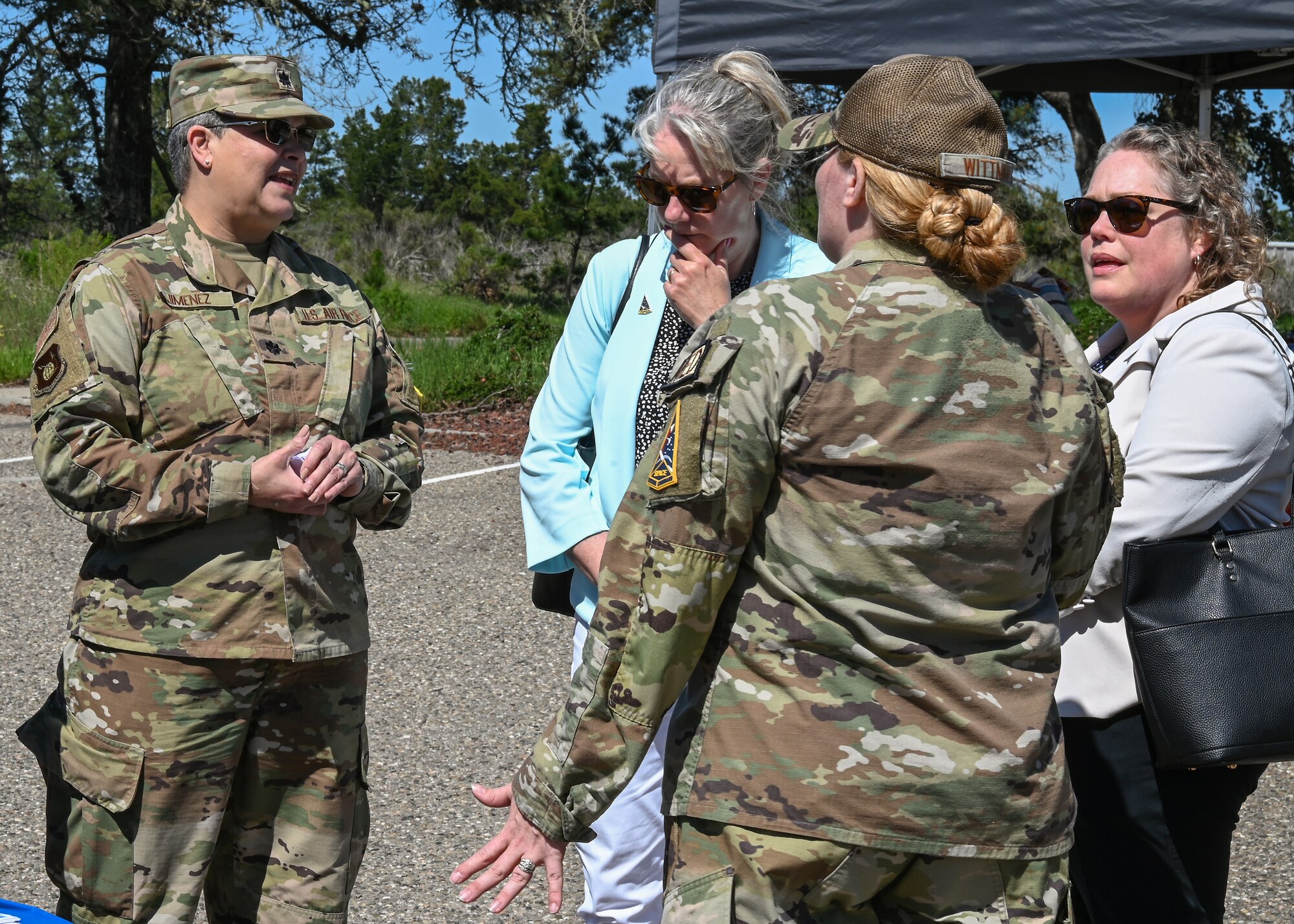 The 30th Medical Group chief nurse, speaks with Heather Garrant, the spouse of  Space Systems Command commander, the spouse of Space Launch Delta 30 commander and 30th MDG Department Health Agency healthcare integrator, during the first 30th MDG Health Fair at Vandenberg Space Force Base.
