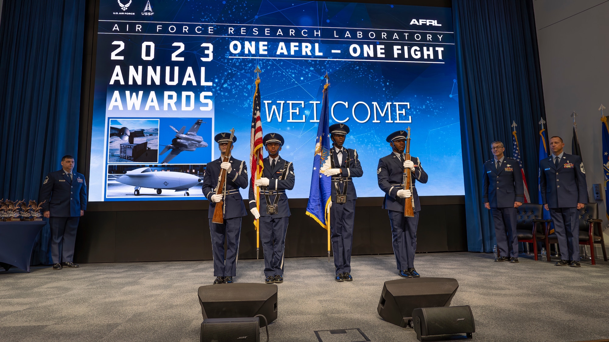 The Wright-Patterson Honor Guard presents the colors before the Air Force Research Laboratory’s, or AFRL, 2023 Annual Awards Ceremony March 19, 2024, at the Air Force Institute of Technology's Kenney Hall at Wright-Patterson Air Force Base, Ohio. The ceremony recognized the accomplishments of AFRL personnel during the previous year in numerous categories. (U.S. Air Force photo / Keith Lewis)