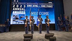 Maj. Gen. Scott Cain, Air Force Research Laboratory commander, gives opening remarks at the 2023 Annual Awards Ceremony March 19, 2024, at the Air Force Institute of Technology's Kenney Hall at Wright-Patterson Air Force Base, Ohio. Cain and Chief Master Sgt. Carlos E. Labrador, AFRL command chief, presented awards to enlisted Airmen, Guardians and officers as well as civilians and teams for their 2023 AFRL accomplishments. (U.S. Air Force photo / Keith Lewis)