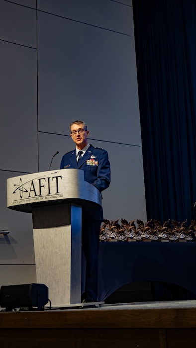 Maj. Gen. Scott Cain, Air Force Research Laboratory commander, gives opening remarks at the 2023 Annual Awards Ceremony March 19, 2024, at the Air Force Institute of Technology's Kenney Hall at Wright-Patterson Air Force Base, Ohio. Cain and Chief Master Sgt. Carlos E. Labrador, AFRL command chief, presented awards to enlisted Airmen, Guardians and officers as well as civilians and teams for their 2023 AFRL accomplishments. (U.S. Air Force photo / Keith Lewis)