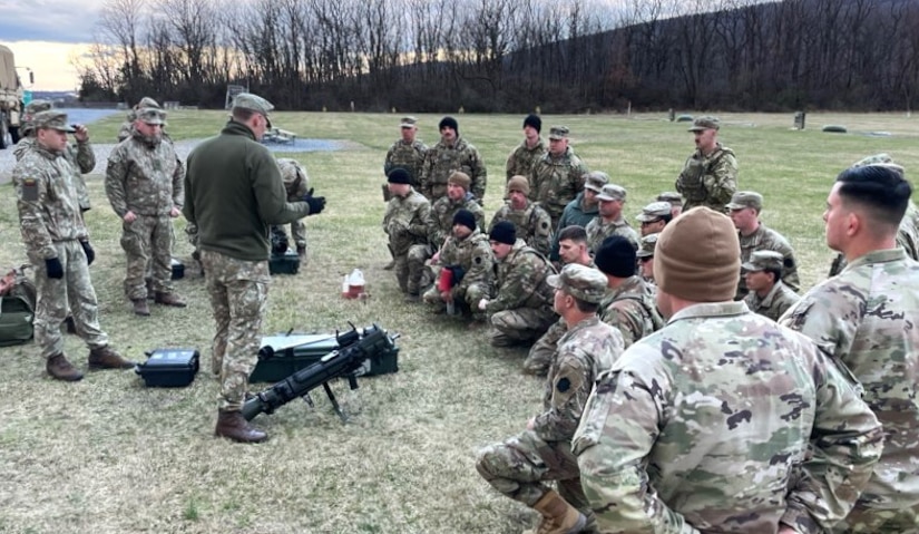 Soldiers from the Lithuanian Armed Forces conduct training with Pennsylvania National Guard Soldiers from 1-110th Infantry Regiment, 2nd Infantry Brigade Combat Team on the M3 Multi-Role Anti-Armor/Anti-Personnel Weapon System March 15, 2024, at Fort Indiantown Gap, Pa. (Pennsylvania National Guard photo by Capt. Daniel Kysela)