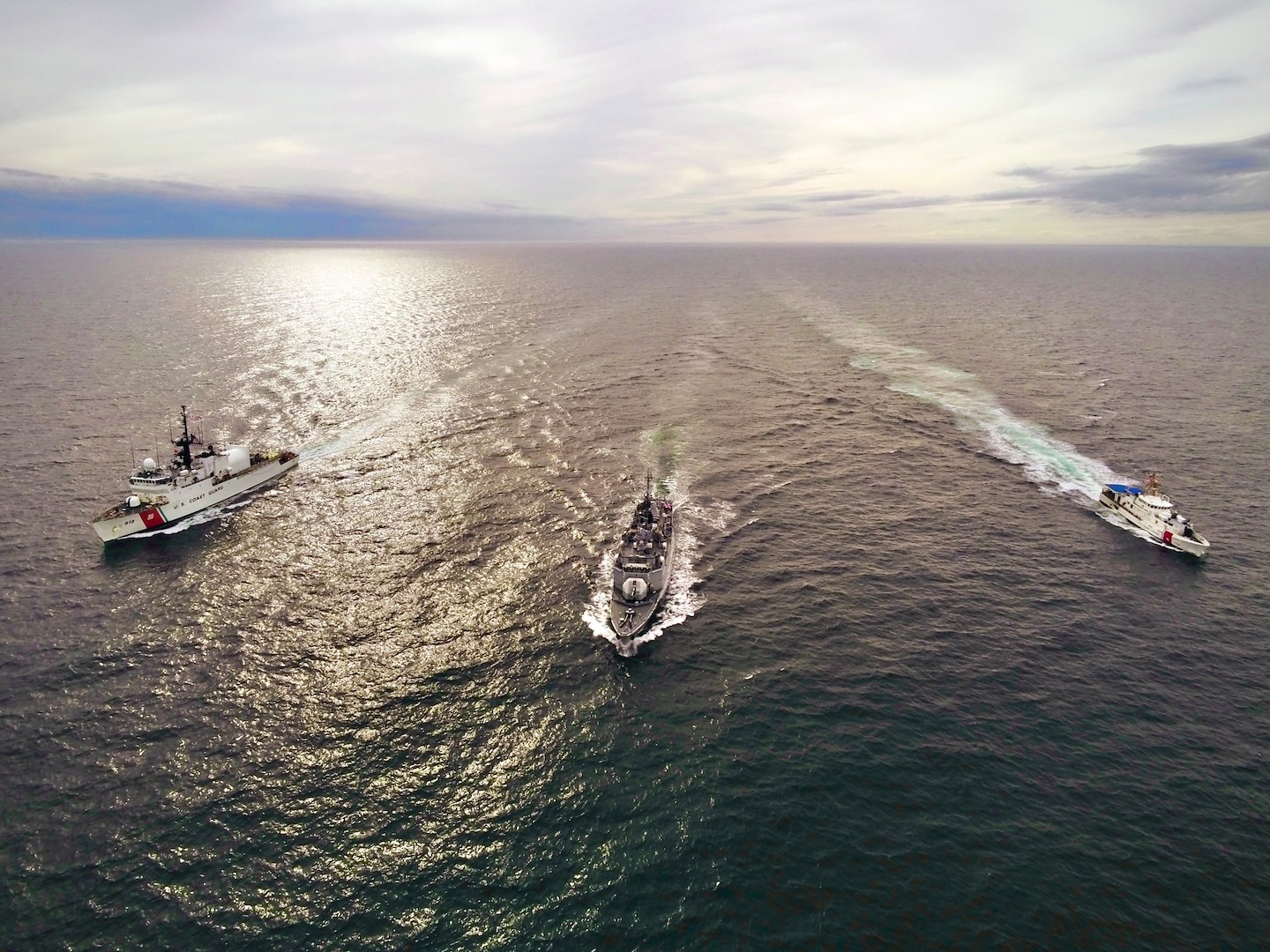 The Coast Guard Cutter Legare (WMEC 912) conducts joint training evolutions with the U.S. Coast Guard Cutter Maurice Jester (WPC 1152), and the French naval ship Premier-Maître L’Her (F792), off the coast of Long Island, New York, on March 16, 2024. Legare worked with Premier-Maître L’Her for a series of engagements and exercises designed to demonstrate interoperability with a critical NATO partner.