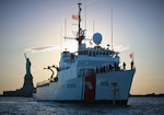 The Coast Guard Cutter Legare (WMEC 912) weighs anchor near the Statue of Liberty in New York City, New York, March 17, 2024. In support of Operation Atlantic Venture, Legare steamed more than 6,300 nautical miles, patrolling the coast of New England, New York and near the Gulf of Maine, to conduct maritime safety missions, while bolstering the safety and sustainability of the marine ecosystem through enforcement of Living Marine Resources regulations