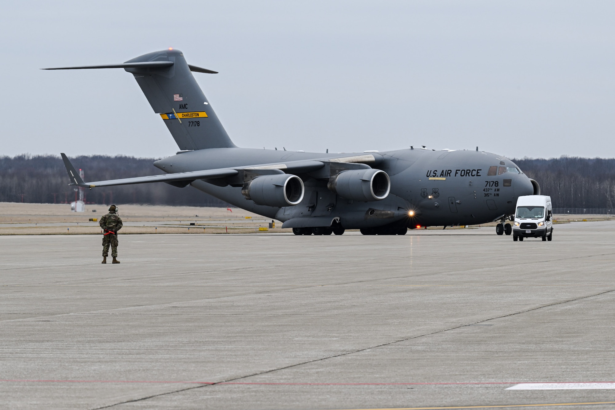 A C-17 Globemaster III assigned to Joint Base Charleston, South Carolina, taxis at Youngstown Air Reserve Station, Ohio, March 3, 2024.