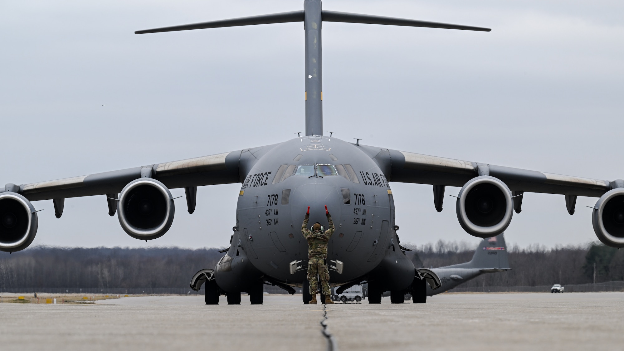 A C-17 Globemaster III assigned to Joint Base Charleston, South Carolina, taxis at Youngstown Air Reserve Station, Ohio, March 3, 2024.