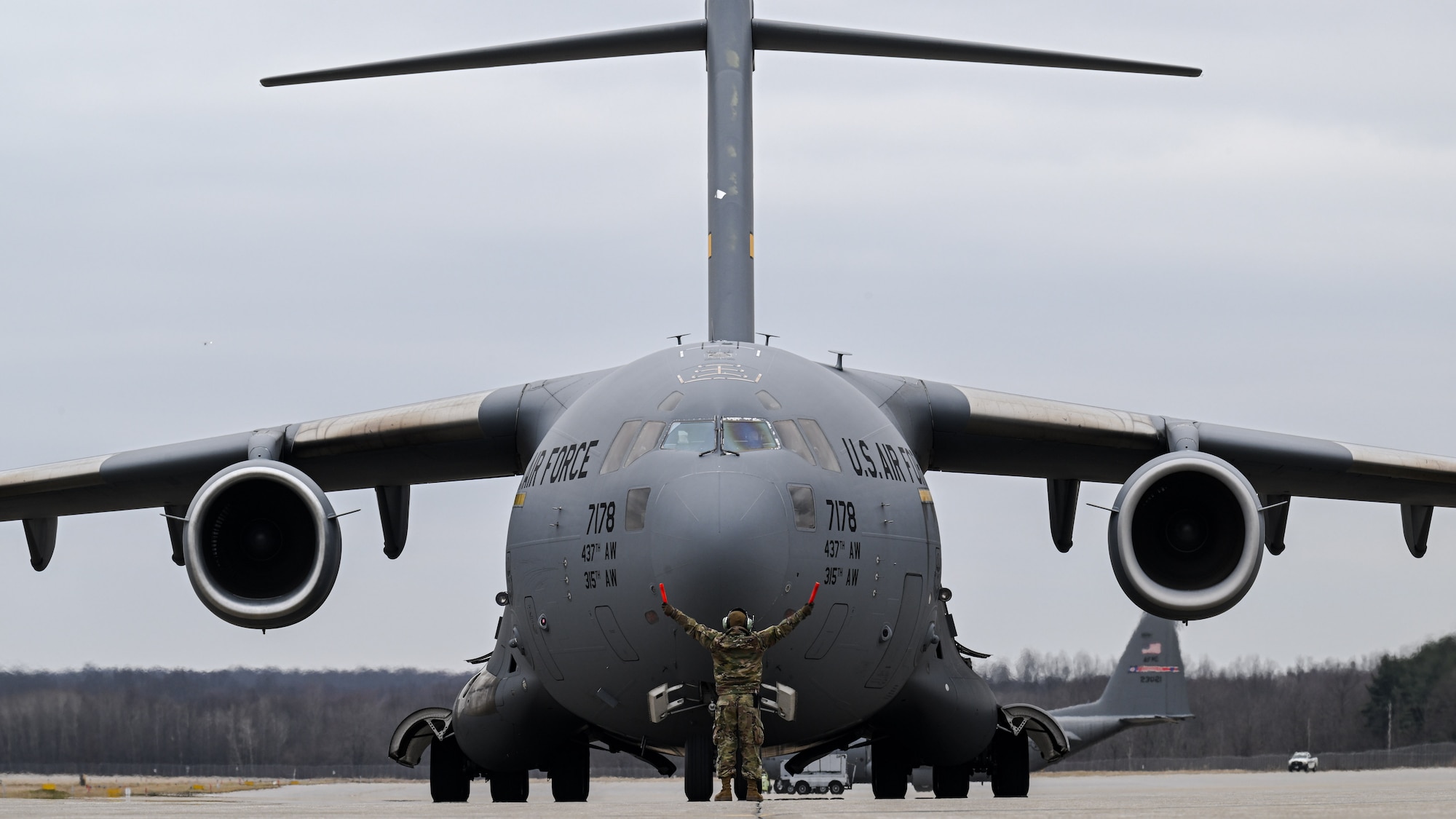 A C-17 Globemaster III assigned to Joint Base Charleston, South Carolina, taxis at Youngstown Air Reserve Station, Ohio, March 3, 2024.