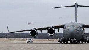 A C-17 Globemaster III assigned to Joint Base Charleston, South Carolina, taxis at Youngstown Air Reserve Station, Ohio, March 3, 2024.