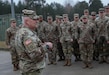 Army Maj. Gen Haldane Lamberton, the Adjutant General for Kentucky, talks to the Soldiers with the 2113th Transportation Company who are currently deployed in Świętoszów, Poland during his visit to the region Feb. 27, 2024. Also with him during the visit were Command Sgt. Maj. Jesse Withers, the state command sergeant major, Col. Jason Penn, commander of the 75th Troop Command and Command Sgt. Maj. Benzie Timberlake, command sergeant major of the 75th Troop Command. (U.S. Army National Guard photo by Sgt. 1st Class Benjamin Crane)