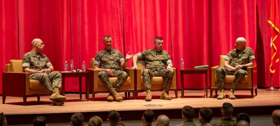 March 14, 2024, President Lecture Series #3:  Lieutenant General Kevin Iiams, Commanding General of Training and Education Command, moderates a panel exploring the Marine Corps' Force Design with Lieutenant Generals Karsten Heckl and James Bierman, and Brigadier General Forrest Poole III (Deputy Commandants for Combat Development and Integration (CD&I) and Plans, Policies and Operations (PP&O), and Assistant Deputy Commandant for Installation and Logistics (I&L), respectively). They discussed where the Corps currently stands with Force Design, its future direction, and how Marines can support the continuum of learning.