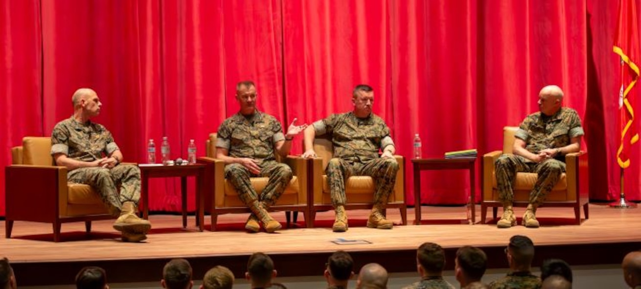 March 14, 2024, President Lecture Series #3:  Lieutenant General Kevin Iiams, Commanding General of Training and Education Command, moderates a panel exploring the Marine Corps' Force Design with Lieutenant Generals Karsten Heckl and James Bierman, and Brigadier General Forrest Poole III (Deputy Commandants for Combat Development and Integration (CD&I) and Plans, Policies and Operations (PP&O), and Assistant Deputy Commandant for Installation and Logistics (I&L), respectively). They discussed where the Corps currently stands with Force Design, its future direction, and how Marines can support the continuum of learning.