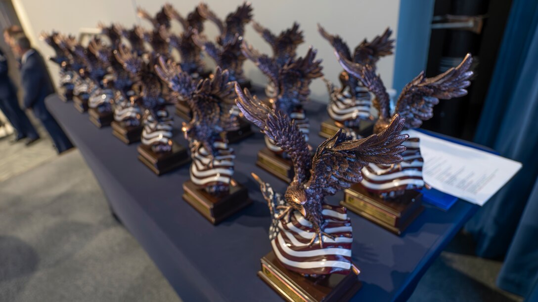 Annual award statues at the Air Force Research Laboratory’s, or AFRL, 2023 Annual Awards Ceremony March 19, 2024, at the Air Force Institute of Technology's Kenney Hall at Wright-Patterson Air Force Base, Ohio. The ceremony recognized the accomplishments of AFRL personnel during the previous year. (U.S. Air Force photo / Keith Lewis)