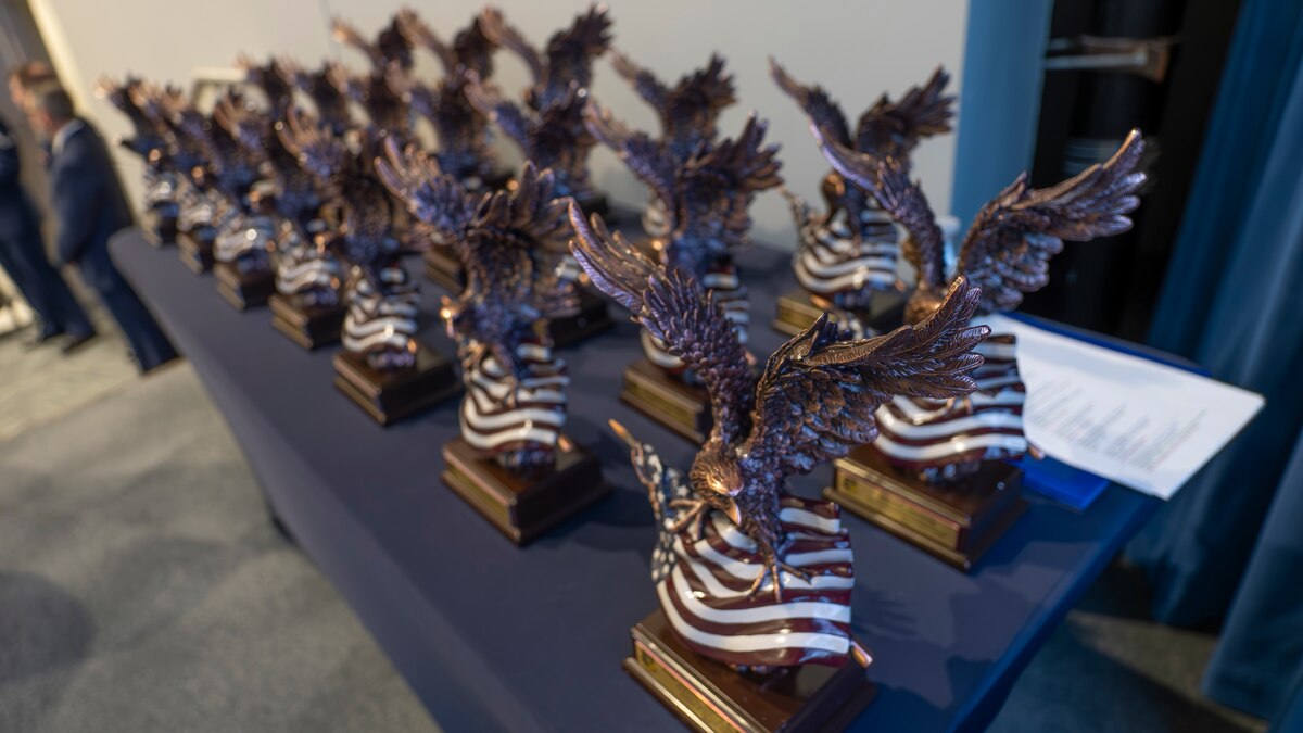 Annual award statues at the Air Force Research Laboratory’s, or AFRL, 2023 Annual Awards Ceremony March 19, 2024, at the Air Force Institute of Technology's Kenney Hall at Wright-Patterson Air Force Base, Ohio. The ceremony recognized the accomplishments of AFRL personnel during the previous year. (U.S. Air Force photo / Keith Lewis)