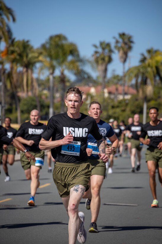 U.S. Marines and civilians with Marine Corps Recruit Depot San Diego participate in the St. Patrick's Day 5k fun run at MCRD San Diego, California, March 15, 2024. The St. Patrick’s Day 5k fun run is one of many events hosted on the Depot designed to build unit morale and boost esprit de corps. (U.S. Marine Corps photo by Lance Cpl. Janell B. Alvarez)