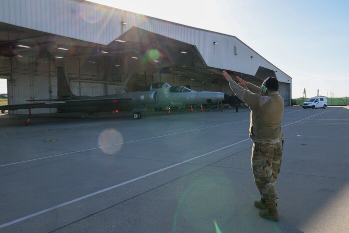 U.S. Air Force Staff Sgt. Benjamin Rhodes, 9th Aircraft Maintenance Squadron crew chief, performs an aircraft launch for TU-2S Dragon Lady 1078’s first high flight after almost three years of maintenance at Beale Air Force Base, California, Feb. 22, 2024.