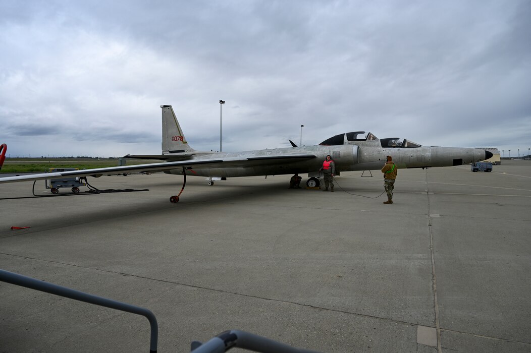 U.S. Air Force TU-2s Dragon Lady 1078 prepares to taxi out for a flight to U.S. Air Force Plant 42, Palmdale, California, where it will undergo normal Program Depot-level Maintenance (PDM) and be painted black, after almost three years of maintenance at Beale Air Force Base, California, Feb. 29, 2024.