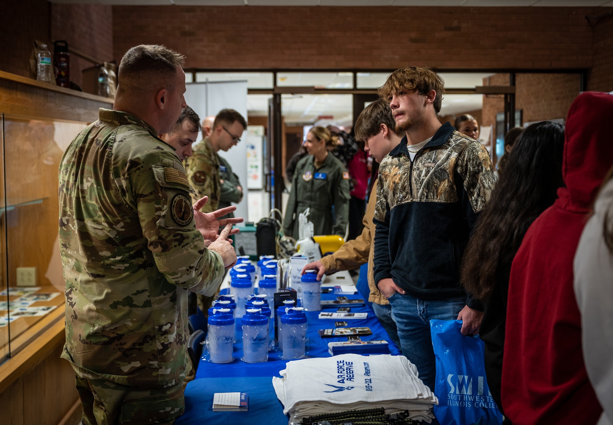 Citizen Airmen of the 932nd Airlift Medical Group, alongside Air Force Reserve Recruiting, showcase careers in the medical field while attending the Health Science Career Expo hosted at Southwestern Illinois College (SWIC), March 22, 2024, in Belleville Illinois. The expo seeks to familiarize attendees with various AF Reserve career opportunities in the health science field. (U.S. Air Force photo by Christopher Parr)