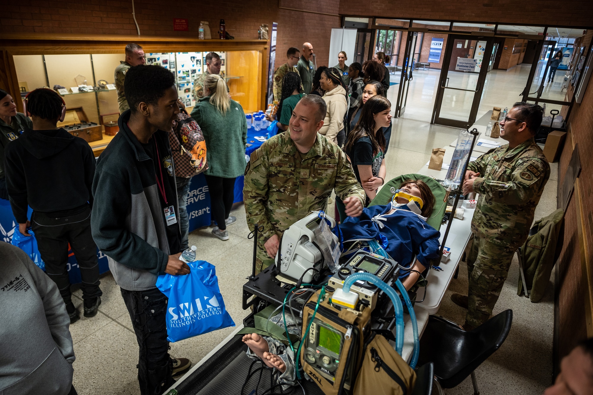 Citizen Airmen of the 932nd Airlift Medical Group, alongside Air Force Reserve Recruiting, showcase careers in the medical field while attending the Health Science Career Expo hosted at Southwestern Illinois College (SWIC), March 22, 2024, in Belleville Illinois. The expo seeks to familiarize attendees with various AF Reserve career opportunities in the health science field. (U.S. Air Force photo by Christopher Parr)