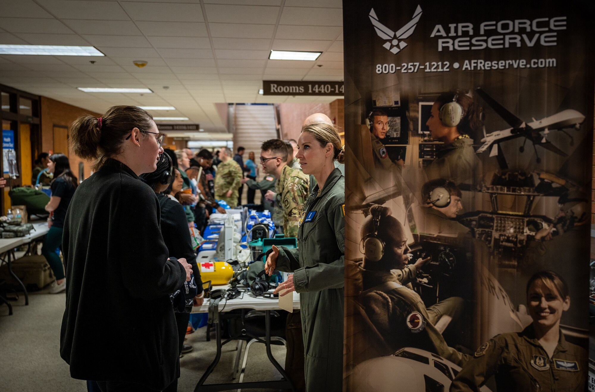 Citizen Airmen of the 932nd Airlift Medical Group, alongside Air Force Reserve Recruiting, showcase careers in the medical field while attending the Health Science Career Expo hosted at Southwestern Illinois College (SWIC), March 22, 2024, in Belleville Illinois. The expo seeks to familiarize attendees with various AF Reserve career opportunities in the health science field. (U.S. Air Force photo by Christopher Parr)