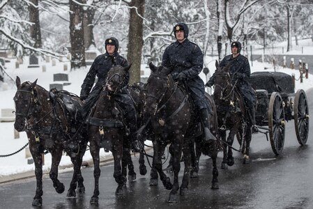 Soldiers in dark winter weather uniforms are riding dark horses that are pulling a dark caisson down an asphalt road. There is snow on the nearby trees and ground, and it is snowing.