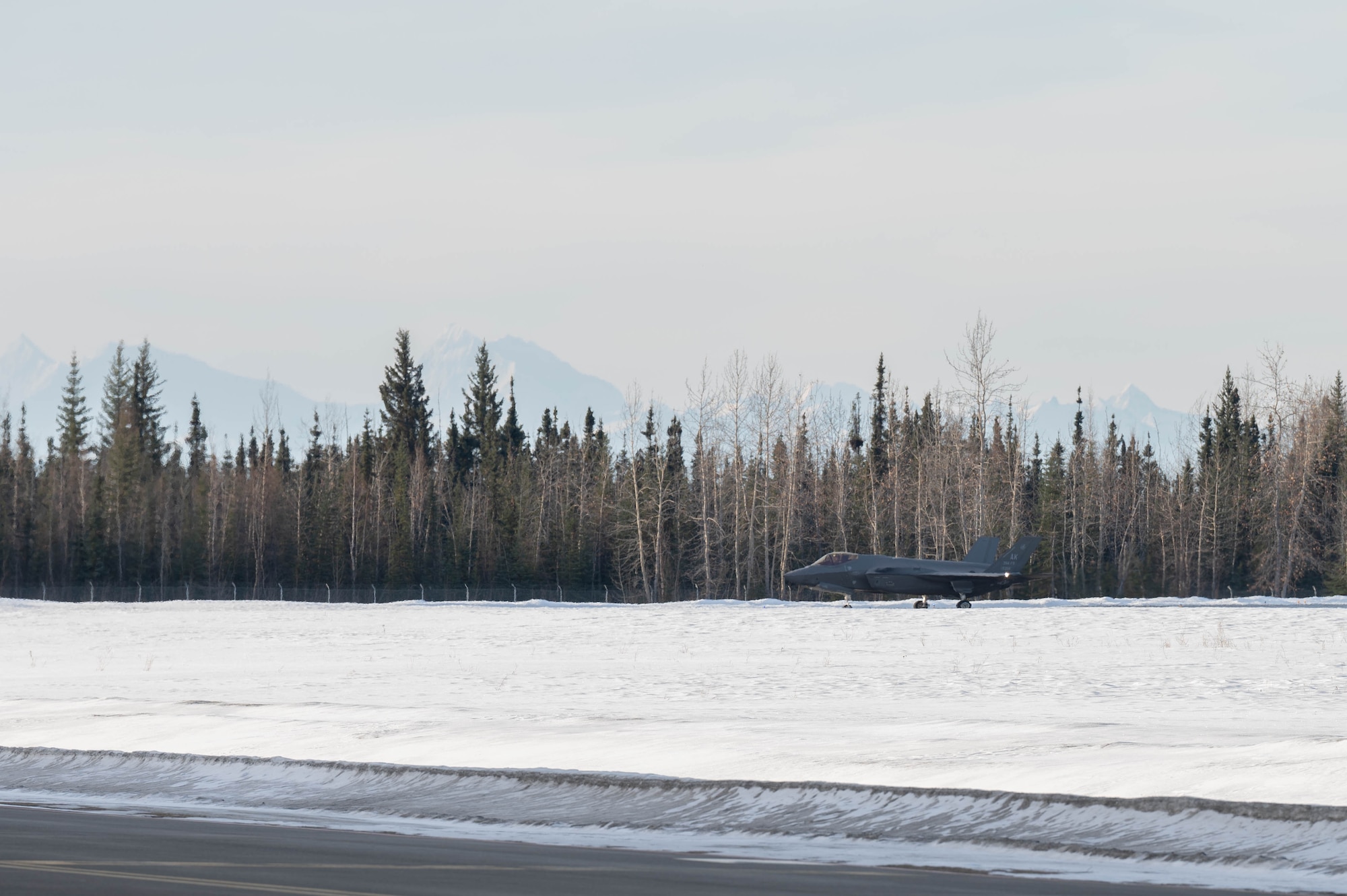 An F-35A Lightning II taxis on the flightline during Arctic Gold 24-2 at Eielson Air Force Base, Alaska, March 20, 2024.