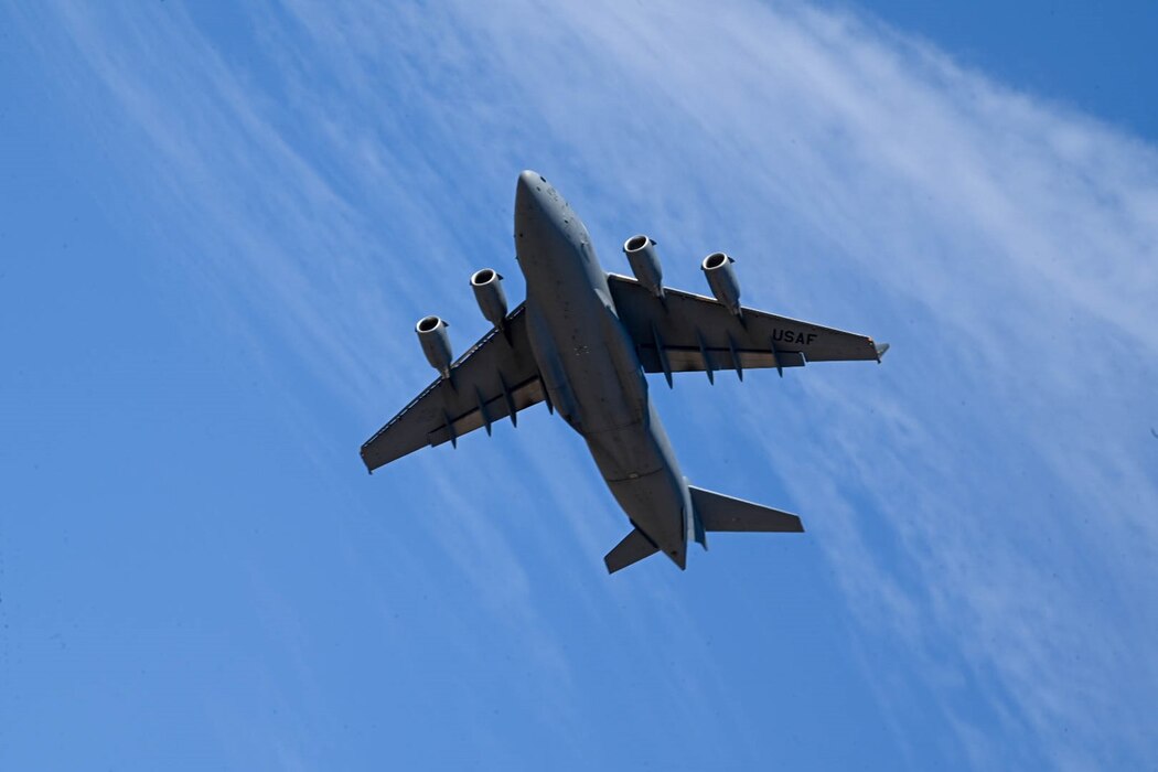 The C-17 West Coast Demonstration Team flies a C-17 Globemaster III above the Luke Air Force Base flightline during the Luke Days Airshow at Luke Air Force Base, Arizona, March 22, 2024. Luke Days 2024 presents military airpower and civilian acts over two days from March 23-24 they expect hundreds of thousands of attendees from Arizona and around the world. (U.S. Air Force photo by Senior Airman Colleen Anthony)