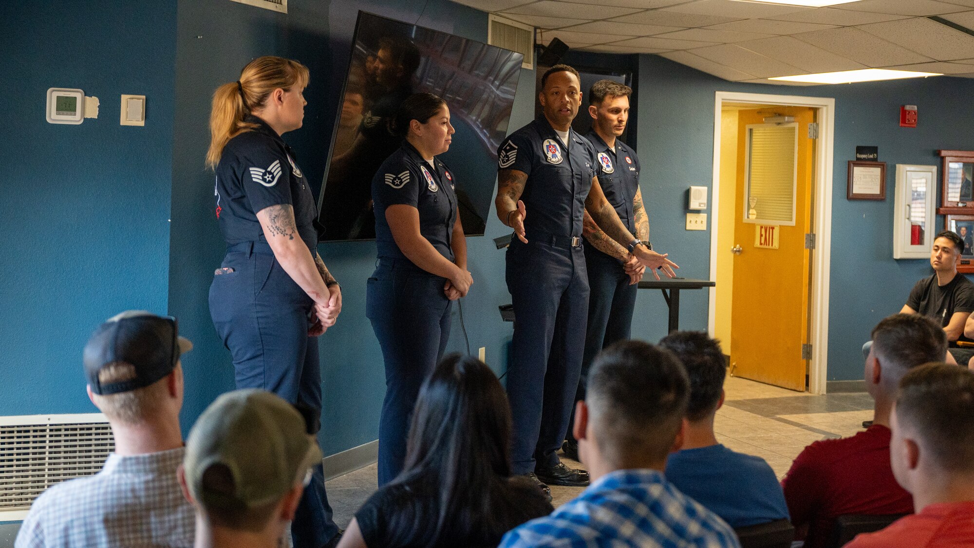 Members of the U.S. Air Force Air Demonstration Squadron, the Thunderbirds, speak to Airmen attending Airman Leadership School, during the Luke Days airshow on March 22, 2024, at Luke Air Force Base, Arizona.