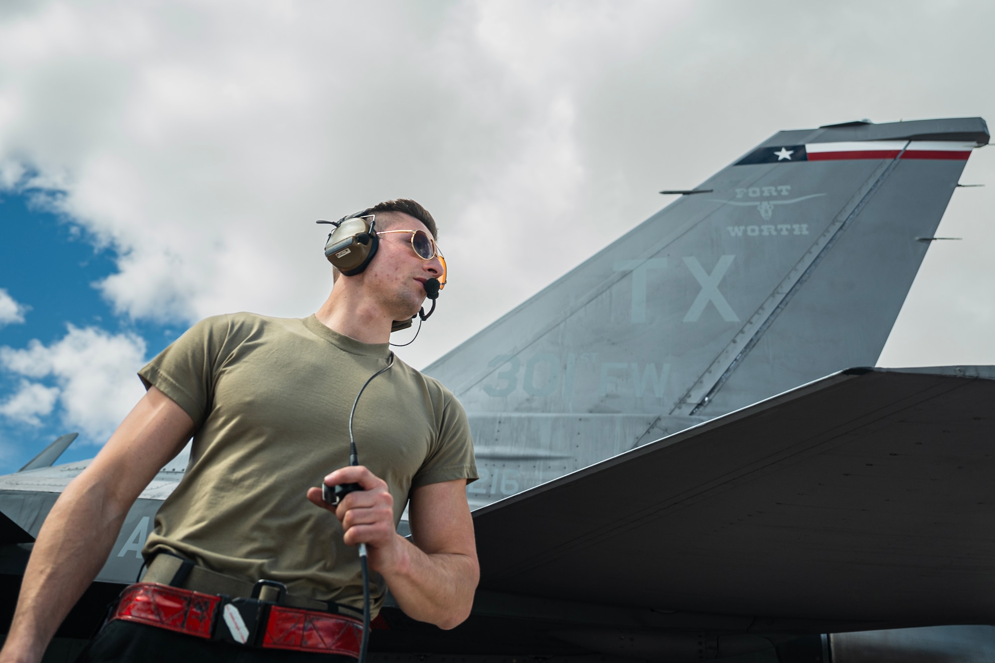 Staff Sgt Cody VanNurden, a crew chief assigned to the 857th Aircraft Maintenance Squadron, conducts pre-flight checks of an F-16C Fighting Falcon prior to a Red Flag-Nellis 24-2 mission at Nellis AFB, Nevada, March 13, 2024.