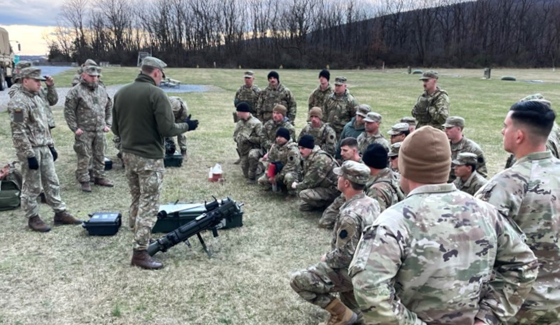 Soldiers from the Lithuanian Armed Forces conduct training with Pennsylvania National Guard Soldiers from 1-110th Infantry Regiment, 2nd Infantry Brigade Combat Team on the M3 Multi-Role Anti-Armor/Anti-Personnel Weapon System March 15, 2024, at Fort Indiantown Gap, Pa. (Pennsylvania National Guard photo by Capt. Daniel Kysela)