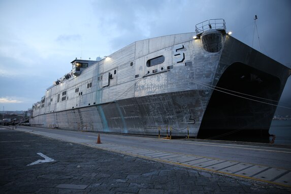 The Military Sealift Command’s expeditionary fast transport ship, USNS Trenton (EPF 5) docked in Gaeta, Italy.