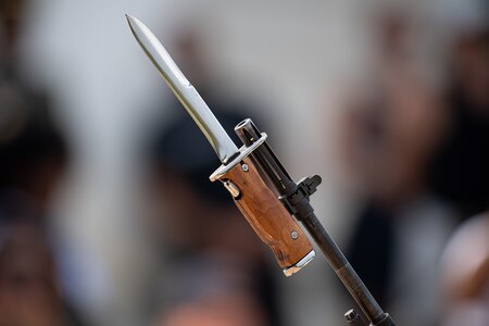 A bayonet (silver knife blade with a brown wooden handle) is affixed to the end of a dark rifle barrel.