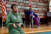 Chief Master Sgt. Tracy Winborne, senior enlisted leader, 201st Airlift Squadron, District of Columbia Air National Guard, and Johnnie Scott-Rice, chairperson, National Congress of Black Women, serve as guest speakers for the Capital Guardian Youth Challenge Academy’s monthly Cupcakes and Conversations, March 21, 2024.  Cupcakes and Conversations provides a space for one-on-one engagements with prominent civic leaders and professionals.