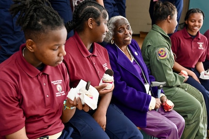 Chief Master Sgt. Tracy Winborne, senior enlisted leader, 201st Airlift Squadron, District of Columbia Air National Guard, and Johnnie Scott-Rice, chairperson, National Congress of Black Women, serve as guest speakers for the Capital Guardian Youth Challenge Academy’s monthly Cupcakes and Conversations, March 21, 2024.  Cupcakes and Conversations provides a space for one-on-one engagements with prominent civic leaders and professionals.