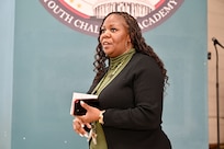 Chief Master Sgt. Tracy Winborne, senior enlisted leader, 201st Airlift Squadron, District of Columbia Air National Guard, and Johnnie Scott-Rice, chairperson, National Congress of Black Women, serve as guest speakers for the Capital Guardian Youth Challenge Academy’s monthly Cupcakes and Conversations, March 21, 2024.  Cupcakes and Conversations provides a space for one-on-one engagements with prominent civic leaders and professionals.