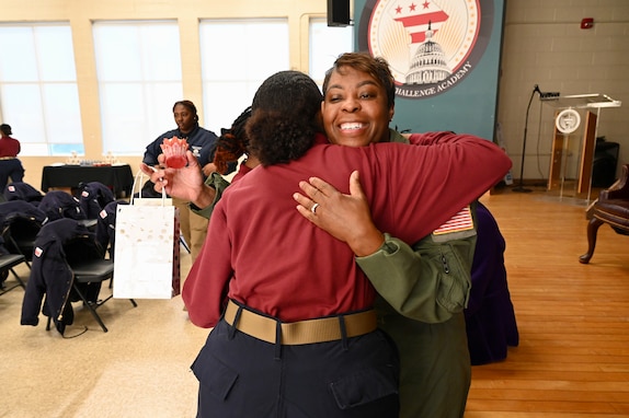 Chief Master Sgt. Tracy Sparkman, senior enlisted leader, 201st Airlift Squadron, District of Columbia Air National Guard, and Johnnie Scott-Rice, chairperson, National Congress of Black Women, serve as guest speakers for the Capital Guardian Youth Challenge Academy’s monthly Cupcakes and Conversations, March 21, 2024.  Cupcakes and Conversations provides a space for one-on-one engagements with prominent civic leaders and professionals.