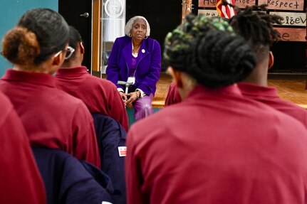 Chief Master Sgt. Tracy Winborne, senior enlisted leader, 201st Airlift Squadron, District of Columbia Air National Guard, and Johnnie Scott-Rice, chairperson, National Congress of Black Women, serve as guest speakers for the Capital Guardian Youth Challenge Academy’s monthly Cupcakes and Conversations, March 21, 2024.  Cupcakes and Conversations provides a space for one-on-one engagements with prominent civic leaders and professionals.