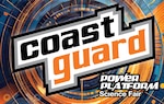 An orange and blue swirled background upon a circular backdrop. Across the middle is the words "Coast Guard" in black and orange. Then below in white bold letters is "Power Platform Science Fair."