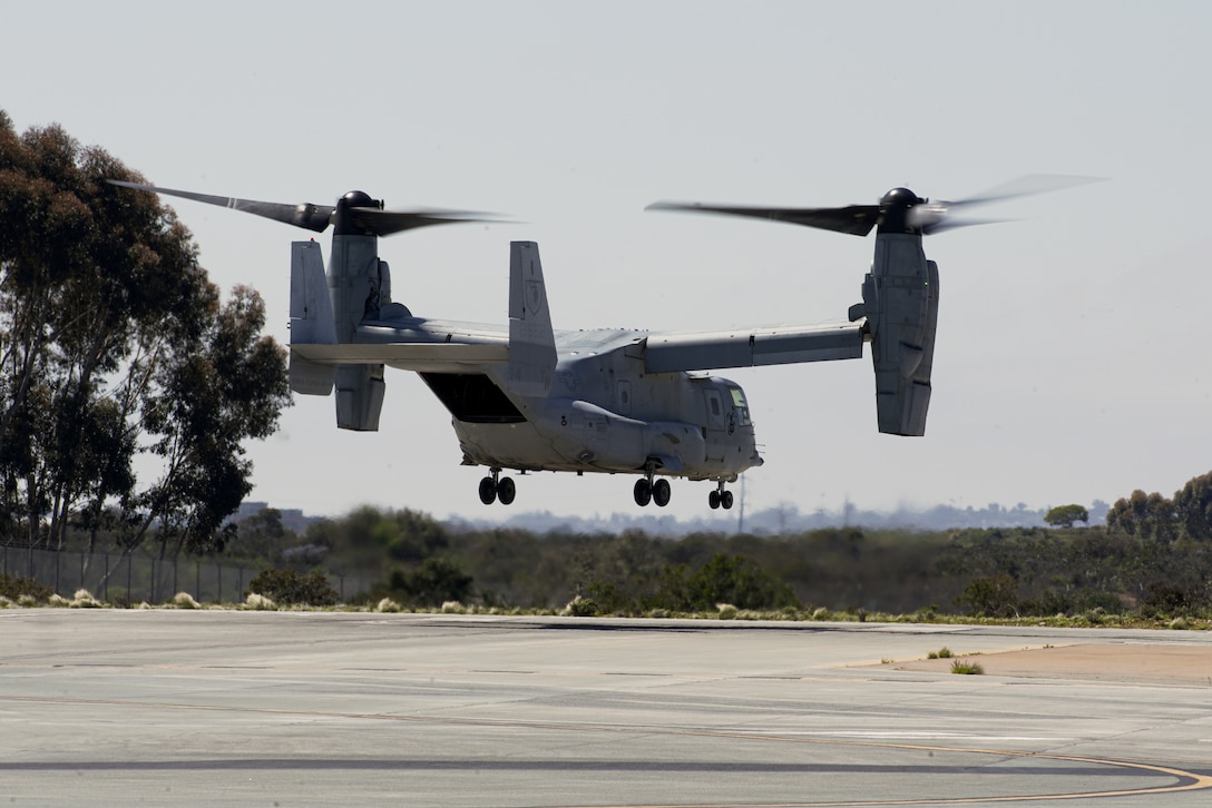 A U.S. Marine Corps MV-22B Osprey attached to Marine Medium Tiltrotor Squadron (VMM) 165 (Reinforced), 15th Marine Expeditionary Unit, takes off from Marine Corps Air Station Miramar, California, March 20, 2024. The Marine Corps returned its MV-22s, including the 15th MEU’s, to flight status on March 8, 2024, following Naval Air Systems Command’s announcement that deemed the aircraft safe to fly. The Marine Corps’ three-phased approach begins with a focus on regaining basic flight currency, rebuilding unit instructor cadres, and achieving proficiency in core and basic skill training for pilots and aircrew. (U.S. Marine Corps photo by Cpl. Luis Agostini)