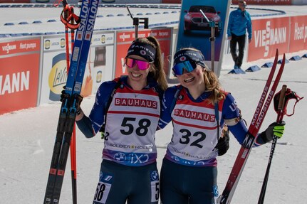 U.S. Army Sgt. Deedra Irwin, left, human resources specialist, Joint Force Headquarters, Vermont National Guard, celebrates completing the Women's 10 km Pursuit with her U.S. Biathlon teammate, Margie Freed, during the International Biathlon Union World Cup races at Soldier Hollow in Utah March 10, 2024. The last time the U.S. hosted World Cup races was in 2019.