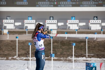 U.S. Army Sgt. Deedra Irwin, human resources specialist, Joint Force Headquarters, Vermont National Guard, competes in the Women's 10 km Pursuit during the International Biathlon Union World Cup races at Soldier Hollow in Utah March 10, 2024.