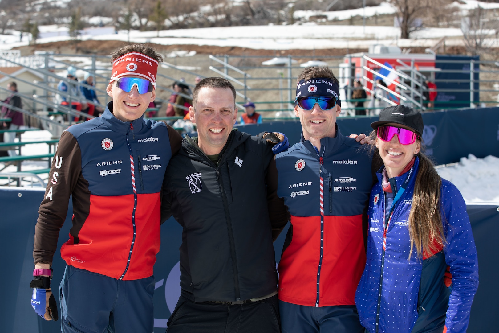 The National Guard Biathlon team poses for a photo after the final race during the International Biathlon Union World Cup at Soldier Hollow in Utah March 10, 2024. The Soldier-athletes all qualified for Sunday's pursuit races.
