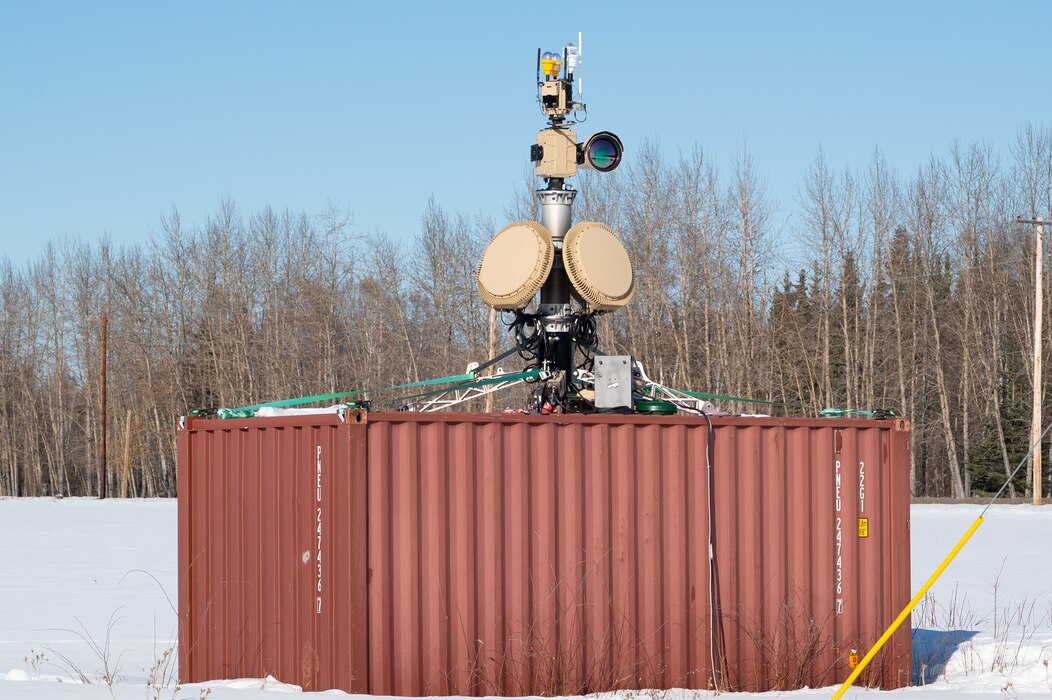 The LRS T-82 long range sentry tower at Eielson Air Force Base is tested for the first time during a drone test.