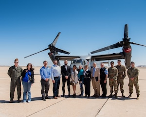 U.S Air Force Airmen from the 27th Special
Operations Wing and community members with
the Base Community Council take a photo in front
of a CV-22 Osprey at Cannon Air Force Base,
N.M., March 22, 2024. The BCC’s vision has
provided Air Commandos and community
members an action-oriented forum that can bridge
our military and local communities through
common understanding and shared activities. (U.S
Air Force Photo by Tech Sgt. Kaylee Clark)