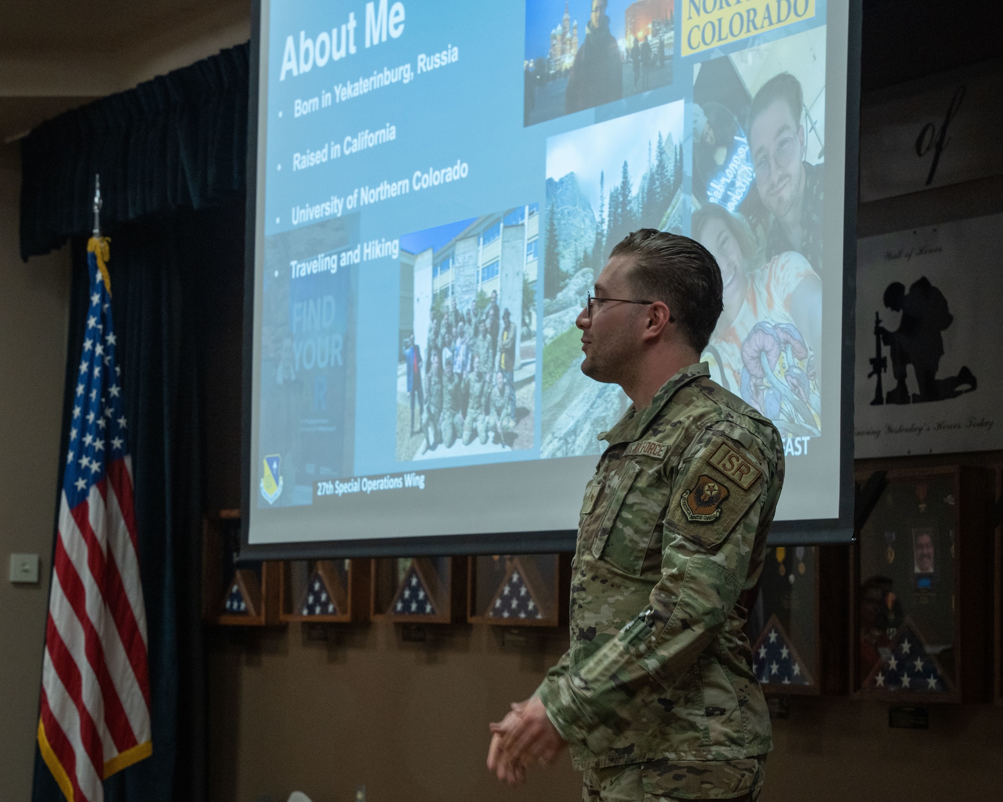 U.S Air Force SrA Arkady Rapoport, assigned to
the 20th Special Operations Squadron, tells his
story in a presentation at Cannon Air Force Base,
N.M., March 22, 2024. The BCC provides the
opportunity to open the door on a wide range of
topics with senior Air Force leaders, continuing
the strong tradition of community involvement
and support here. (U.S Air Force Photo by Senior Airman
Mateo Parra)