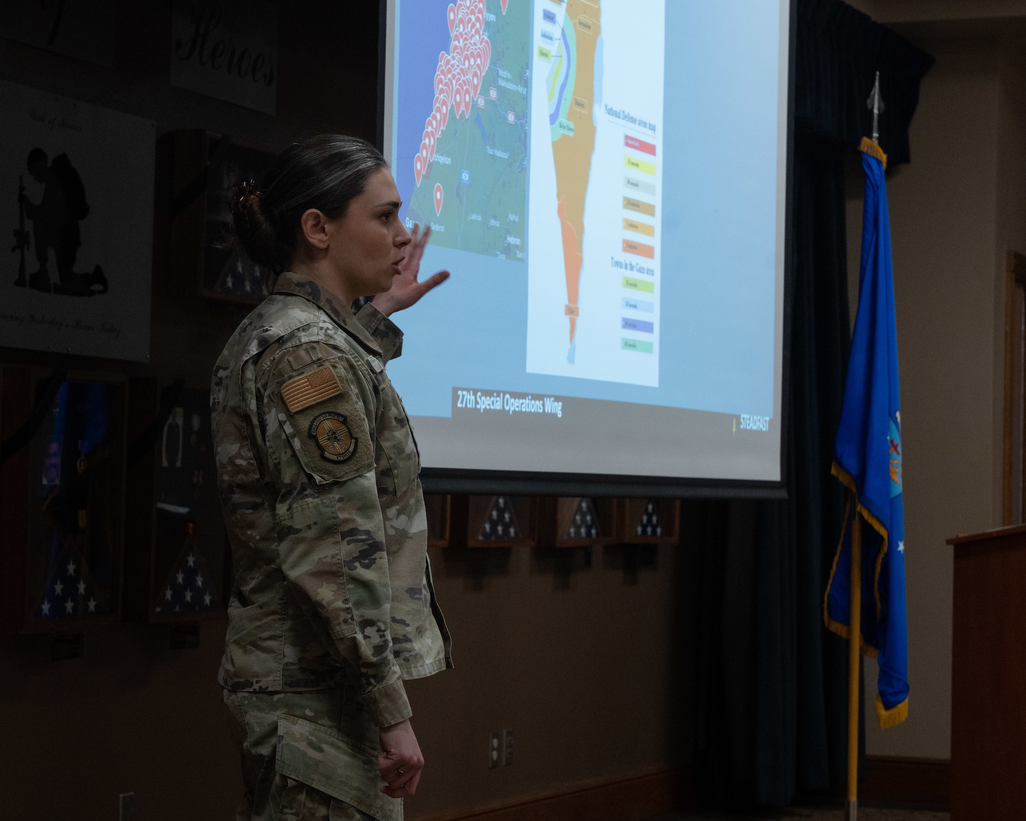 U.S Air Force 1st Lt. Erika Smith, assigned to the
27th Special Operations Mission Support Group,
recounts her past experiences in a presentation at
Cannon Air Force Base, N.M., March 22, 2024.
The BCC provides the opportunity to open the
door on a wide range of topics with senior Air
Force leaders, continuing the strong tradition of
community involvement and support here. (U.S Air Force Photo by Senior Airman Mateo Parra)