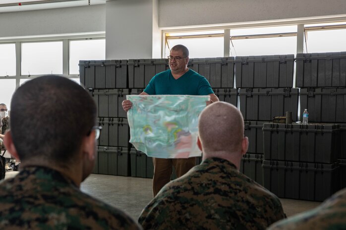 U.S. Marine Corps recruits with Special Training Company, Support Battalion, are given a class on building terrain models from John Vazquez, the education director at Marine Corps Recruit Depot Museum, San Diego, California, March 12, 2024. Special Training Company conducts a multitude of training to further support the rehabilitation and reintegration of injured recruits. (U.S. Marine Corps photo by Cpl. Sarah M. Grawcock)