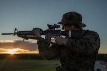 U.S. Marine Corps Recruit Ryan Hnatyszyn with Alpha Company, 1st Recruit Training Battalion, conducts the table one at Marine Corps Base Camp Pendleton, California, March 19, 2024. Table one is designed to introduce recruits to the basic fundamentals of marksmanship and rifle safety. (U.S. Marine Corps photo by Cpl. Sarah M. Grawcock)