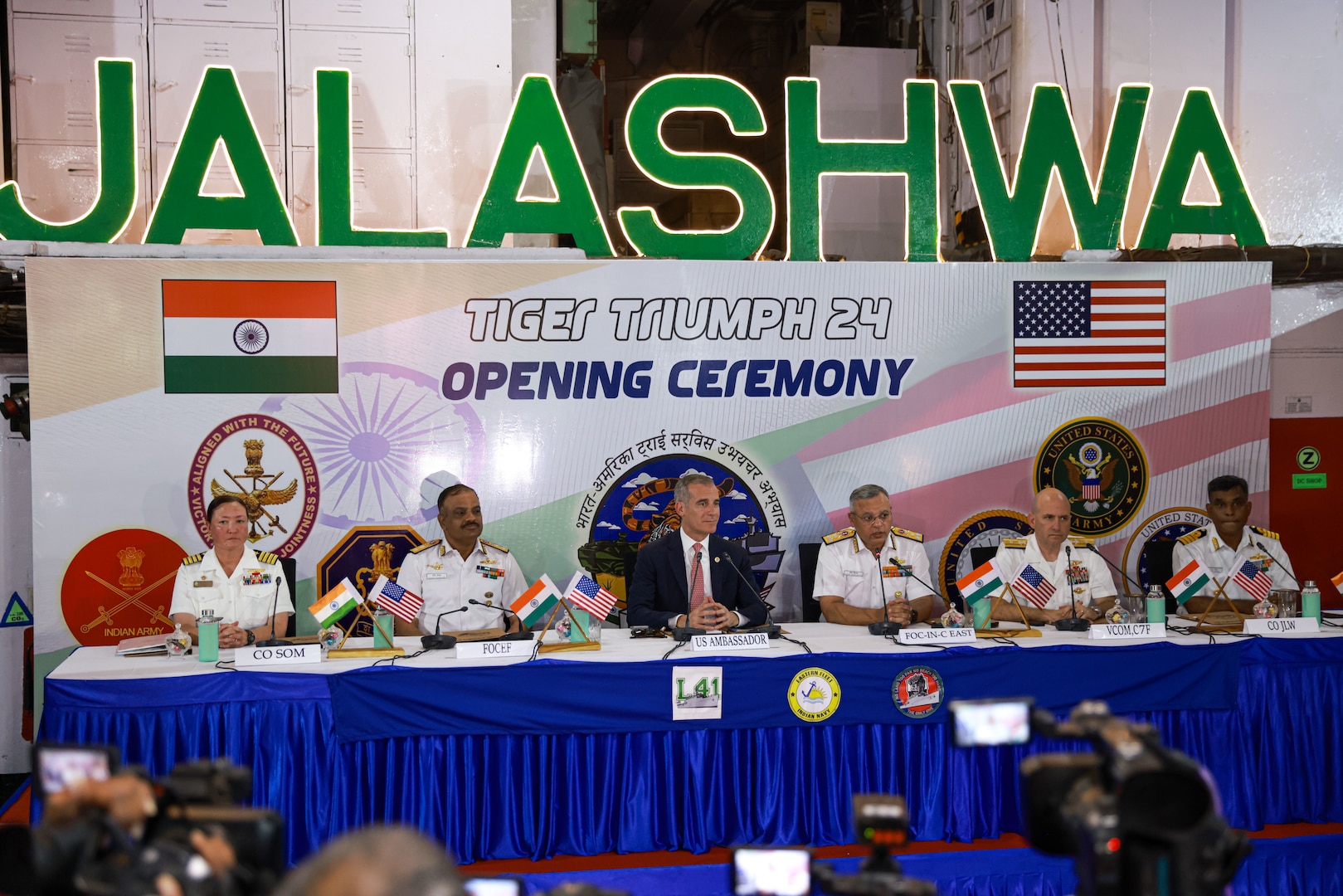 Distinguished visitors and commanders participate in a press conference during the opening ceremony of Exercise Tiger TRIUMPH in Visakhapatnam, India, March 19, 2024. Tiger TRIUMPH is a U.S.-India tri-service amphibious exercise focused on humanitarian assistance and disaster relief readiness and interoperability. Tiger TRIUMPH enables U.S. and Indian Armed Forces to improve interoperability and bilateral, joint, and service readiness in the Indian Ocean region and beyond to better achieve mutual regional security objectives. (U.S. Marine Corps photo by Cpl. Aidan Hekker)
