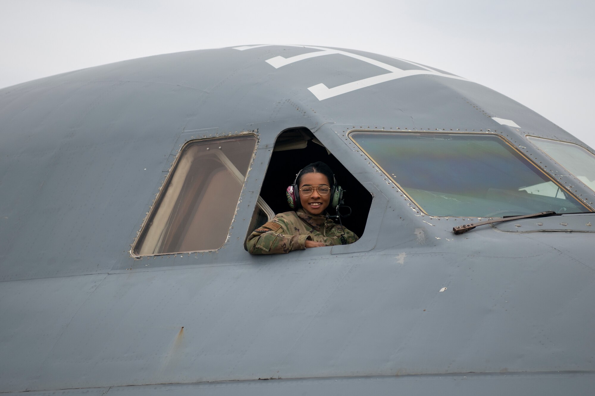Airman Jamie Ingram, 730th Air Mobility Squadron poses for a photo inside a C-5M Super Galaxy