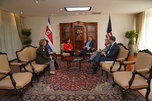 The commander of U.S. Southern Command, U.S. Army Gen. Laura Richardson and U.S. Ambassador to Costa Rica Cynthia A. Telles join U.S. Secretary of Commerce Gina M. Raimondo during a meeting with Costa Rican President Rodrigo Chaves Robles.