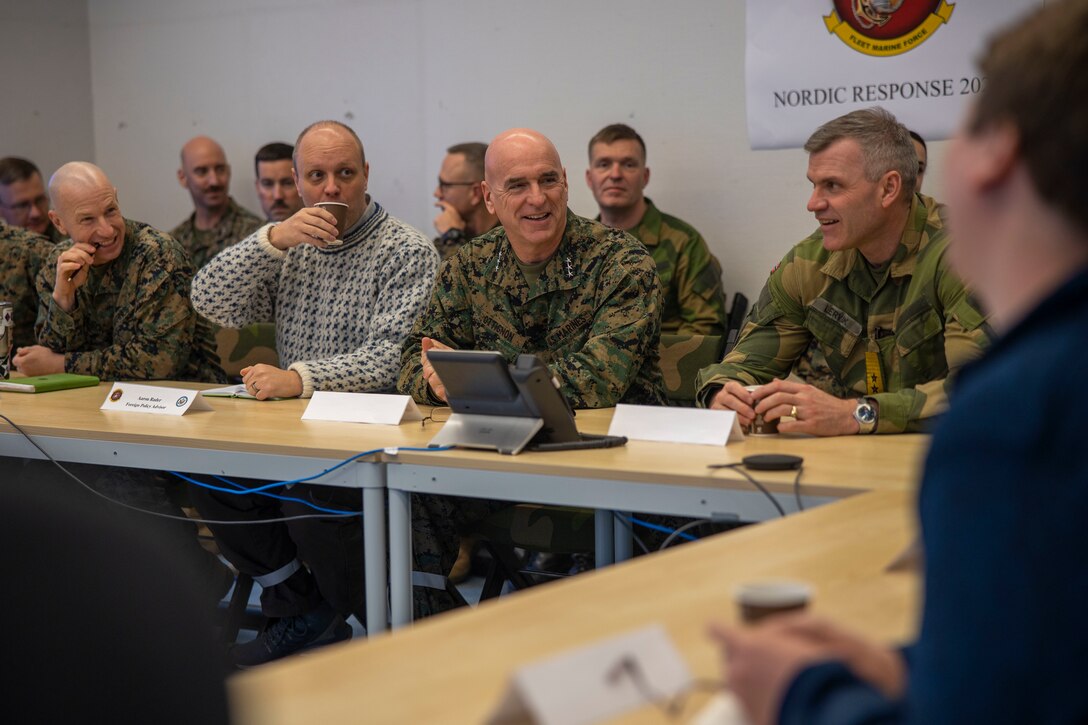 U.S. Marine Corps Lt. Gen. David Ottignon, center, commanding general of II Marine Expeditionary Force (II MEF) meets with the Norwegian Defense Committee during exercise Nordic Response 24 at Bardufoss, Norway, March 13, 2024. II MEF Marines are participating in exercise Nordic Response 24 which is a Norwegian national readiness and defense exercise designed to enhance military capabilities and allied cooperation. (U.S. Marine Corps photo by Cpl. Jacquilyn Davis)
